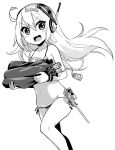  1girl :d albacore_(azur_lane) azur_lane bare_shoulders bikini carrying collarbone fang fireworks floating_hair greyscale groin hair_between_eyes headphones hori_(hori_no_su) long_hair looking_at_viewer monochrome navel open_mouth sack side-tie_bikini smile solo stomach string_bikini swimsuit thighs v-shaped_eyebrows wristband 