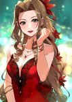  1girl aerith_gainsborough bangs bare_shoulders blush bracelet breasts brown_hair buttons cleavage collarbone dress drill_hair final_fantasy final_fantasy_vii final_fantasy_vii_remake flower forehead gradient gradient_background green_background green_eyes hair_flower hair_intakes hair_ornament highres jewelry light_particles long_hair looking_at_viewer medium_breasts necklace open_mouth parted_bangs red_dress smile yuu_(higashi_no_penguin) 