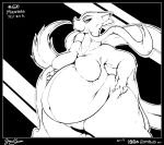  2018 anthro belly big_belly black_and_white breasts featureless_breasts female fingers garuda_six mammal mienshao monochrome nintendo obese obese_female overweight overweight_female pok&eacute;mon pok&eacute;mon_(species) smile solo text video_games whiskers 