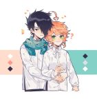  1boy 1girl ? ahoge bangs black_hair blue_scarf blush braid closed_mouth collar collared_shirt commentary_request emma_(yakusoku_no_neverland) emnoray eyebrows_visible_through_hair green_eyes hair_ornament hair_over_one_eye heart highres hug hug_from_behind long_sleeves looking_at_another looking_at_viewer neck_tattoo number_tattoo orange_hair parted_lips ray_(yakusoku_no_neverland) scarf shirt short_braid short_hair simple_background smile standing tattoo upper_body white_background white_neckwear white_shirt yakusoku_no_neverland 