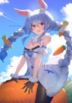  1girl :d animal_ear_fluff animal_ears artist_name bangs black_gloves black_legwear black_leotard blue_hair blue_sky blush bow braid breasts bunny_ears carrot_hair_ornament cleavage cloud commentary_request day detached_sleeves dress eyebrows_visible_through_hair food_themed_hair_ornament fur-trimmed_dress fur-trimmed_gloves fur_trim gloves hair_between_eyes hair_bow hair_ornament highres hololive leotard long_hair looking_at_viewer medium_breasts multicolored_hair open_mouth outdoors puffy_short_sleeves puffy_sleeves raijuu_(bakanara) red_eyes round_teeth short_eyebrows short_sleeves sky smile solo strapless strapless_dress strapless_leotard teeth thick_eyebrows twin_braids twintails two-tone_hair upper_teeth usada_pekora very_long_hair virtual_youtuber white_bow white_dress white_hair white_sleeves 