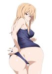  1girl aoki_clair ass bangs bare_shoulders blonde_hair blue_swimsuit breasts brown_eyes covered_nipples gleipnir_(series) hair_between_eyes large_breasts looking_at_viewer looking_back one-piece_swimsuit simple_background smile solo swimsuit swimsuit_pull white_background yoshida_keiji 