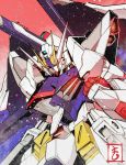  amazing_strike_freedom_gundam clenched_hand close-up dated gundam gundam_build_fighters gundam_build_fighters_amazing gundam_build_fighters_amazing_ready highres looking_down matutoya mechanical_wings red_background shoulder_cannon v-fin wings yellow_eyes 