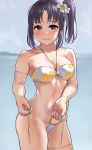  1girl beach bikini blurry breasts commentary_request cowboy_shot depth_of_field floral_print highres igarashi_kyouhei kazuno_sarah looking_at_viewer love_live! love_live!_sunshine!! medium_breasts muscle muscular_female outdoors purple_eyes purple_hair side_ponytail solo swimsuit tan tanline toned untied untied_bikini white_bikini 