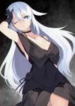  1girl absurdres bare_shoulders black_dress black_gloves black_heart blue_eyes breasts buran_buta cleavage commentary_request dress gloves highres jewelry long_hair looking_at_viewer medium_breasts necklace neptune_(series) one_eye_closed power_symbol see-through solo symbol-shaped_pupils very_long_hair white_hair 