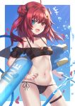  1girl ashisi commentary_request demon_horns fang groin heterochromia highres horns innertube long_hair looking_at_viewer navel nijisanji open_mouth red_hair simple_background solo swimsuit virtual_youtuber water_gun yuzuki_roa 