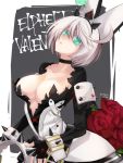  animal_ears breasts bunny_ears choker cleavage clover collar collarbone elphelt_valentine fingerless_gloves flower gloves green_eyes grey_hair guilty_gear guilty_gear_xrd large_breasts looking_at_viewer maka_(morphine) parted_lips rose spiked_collar spikes 