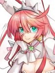  animal_ears blue_eyes breasts bunny_ears choker cleavage clover dress earrings elphelt_valentine gloves guilty_gear guilty_gear_xrd hand_on_own_face jewelry large_breasts looking_at_viewer maka_(morphine) pink_hair smile spikes wedding_dress 