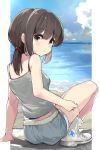  1girl arm_support bangs bare_arms bare_shoulders black_hair blue_sky boots breasts brown_eyes camisole closed_mouth cloud commentary_request day eyebrows_visible_through_hair fubuki_(kantai_collection) grey_camisole grey_shorts hair_between_eyes highres horizon houjichaoic kantai_collection long_hair looking_at_viewer looking_back low_ponytail ocean ponytail short_shorts shorts sky small_breasts solo water white_footwear 