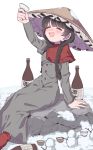 1girl ajirogasa alcohol bangs blush bottle braid breasts capelet closed_eyes earlobes hat headwear highres open_mouth red_capelet rock sake sake_bottle sitting sky small_breasts snow snowman socks solo toast_(gesture) touhou twin_braids white_background yatadera_narumi 