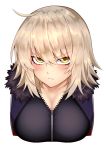 1girl absurdres ahoge bangs blonde_hair breasts cleavage closed_mouth eyebrows_visible_through_hair fate/grand_order fate_(series) frown fur_collar hair_between_eyes highres imuzi jeanne_d&#039;arc_(alter)_(fate) jeanne_d&#039;arc_(fate)_(all) large_breasts short_hair simple_background solo upper_body white_background wicked_dragon_witch_ver._shinjuku_1999 yellow_eyes 
