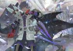  1boy after_battle armor blood blood_on_face blood_splatter bloody_clothes bloody_weapon buckle fur_trim gauntlets greaves grey_hair highres holding holding_sword holding_weapon monster monster_hunter monster_hunter:_world nishihara_isao outdoors purple_eyes short_hair sword weapon wiping_face 