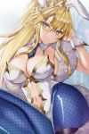  1girl ahoge animal_ears artoria_pendragon_(all) artoria_pendragon_(swimsuit_ruler)_(fate) bangs bare_shoulders blonde_hair blue_legwear blue_neckwear blush braid breasts bunny_ears bunnysuit cleavage closed_mouth collarbone detached_collar fate/grand_order fate_(series) feather_boa fishnet_legwear fishnets french_braid glasses green_eyes hair_between_eyes highleg highleg_leotard highres hijiri_ruka large_breasts leotard long_hair looking_at_viewer navel navel_cutout necktie sidelocks smile thigh_strap thighs tiara white_leotard wrist_cuffs 