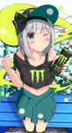  1girl adapted_costume baseball_cap black_hairband blush can commentary_request energy_drink eyebrows_visible_through_hair green_eyes hairband hairband_bow hat highres konpaku_youmu looking_at_viewer midriff monster_energy one_eye_closed sakuramochi_usa short_hair skirt smile soda_can touhou white_hair 