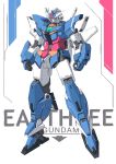  absurdres character_name clenched_hand ctpt9r earthree_gundam green_eyes gundam gundam_build_divers gundam_build_divers_re:rise highres looking_down mecha no_humans solo standing v-fin white_background 