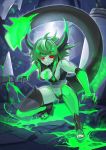  1girl abs baniran_dorosu commentary_request fingernails green_hair green_skin highres horns monster_energy navel original parted_lips personification red_eyes revealing_clothes rubble sharp_fingernails short_hair squatting tail thighhighs 