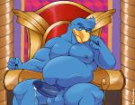  2020 absurd_res anthro avian balls bird blue_balls blue_body blue_feathers blue_nipples blue_penis bodily_fluids chair clenched_hands cum feathers furniture genital_fluids genitals head_on_hand hi_res king_dedede kirby_(series) looking_at_viewer male nintendo nipples nude one_eye_closed overweight overweight_male penguin penis sebirb_(artist) sitting smile solo throne video_games wink 