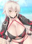  1girl ahoge bangs beach bikini black_bikini black_choker black_gloves black_jacket blush breasts calcio choker closed_mouth collarbone cropped_jacket fate/grand_order fate_(series) gloves highres jacket jeanne_d&#039;arc_(alter_swimsuit_berserker) jeanne_d&#039;arc_(fate)_(all) large_breasts long_hair long_sleeves looking_at_viewer o-ring o-ring_bikini ocean shrug_(clothing) silver_hair smile sparkle swimsuit very_long_hair yellow_eyes 