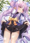  1girl ass_visible_through_thighs bangs blush bow dew_drop dress dress_lift eyebrows_visible_through_hair hair_ribbon kyouka_(princess_connect!) long_hair long_sleeves mamemena plant pointy_ears pout princess_connect! purple_hair ribbon skirt solo twintails very_long_hair water_drop wet wide_sleeves yellow_bow yellow_eyes 