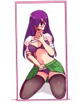  1girl ass_visible_through_thighs black_legwear blush bra breasts burn_scar cellphone cleavage full_body green_skirt hair_over_one_eye holding holding_phone ikezawa_hanako katawa_shoujo kneeling lifted_by_self medium_breasts mirror navel panties pantyshot phone purple_bra purple_eyes purple_hair purple_panties rtil scar school_uniform self_shot shirt_lift skirt skirt_lift slender_waist smartphone solo taking_picture thighs underwear wide_hips 