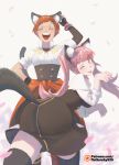  2girls ;p ^_^ ^o^ animal_ear_fluff animal_ears ass black_gloves black_skirt breasts cat_ears cat_tail closed_eyes clothes_around_waist commentary cowboy_shot english_commentary eyebrows_visible_through_hair eyelashes fingerless_gloves fire_emblem fire_emblem:_three_houses garreg_mach_monastery_uniform gloves green_little hand_on_hip hand_on_own_head hilda_valentine_goneril jacket_around_waist kemonomimi_mode laughing leonie_pinelli long_hair looking_at_viewer medium_breasts multiple_girls one_eye_closed open_mouth orange_hair patreon_logo patreon_username paw_pose petals pink_eyes pink_hair raised_eyebrow shirt short_hair simple_background skirt sleeves_rolled_up smile tail thighs tongue tongue_out twintails watermark web_address white_background white_shirt wristband 