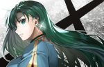  1girl alternate_hairstyle blue_dress clenched_teeth commentary delsaber dress earrings fire_emblem fire_emblem:_the_blazing_blade floating_hair glint green_eyes green_hair hair_down jewelry long_hair looking_at_viewer looking_back lyn_(fire_emblem) parted_lips patterned_background solo teeth upper_body 