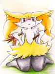  3:4 ambiguous_gender anthro biped black_body black_fur blush bodily_fluids braixen canid canine cheek_tuft chest_tuft crying digitigrade ears_down eiroru facial_tuft fur hi_res holding_object inner_ear_fluff kneeling mammal multicolored_body multicolored_fur nintendo pivoted_ears pok&eacute;mon pok&eacute;mon_(species) red_body red_eyes red_fur red_nose red_ribbon ribbons sad simple_background solo stick tears tuft urorie4‬ video_games white_body white_fur yellow_background yellow_body yellow_fur 
