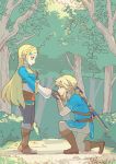  1boy 1girl blonde_hair blue_eyes blue_shirt bush earrings fingerless_gloves gloves hand_kiss hand_on_own_chest jewelry kiss kneeling link long_hair looking_at_another master_sword pointy_ears princess_zelda shirt smile tetora_(ttr2011) the_legend_of_zelda the_legend_of_zelda:_breath_of_the_wild tree 