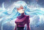  1girl blue_hair bodysuit breasts ice kula_diamond long_hair looking_at_viewer medium_breasts purple_eyes simple_background taki_(nakochan) the_king_of_fighters turtleneck upper_body 