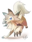  2016 ambiguous_gender black_nose blue_eyes brown_body brown_fur claws feral fur ko-yuki-chan lycanroc midday_lycanroc nintendo pink_inner_ear pok&eacute;mon pok&eacute;mon_(species) simple_background slit_pupils solo spikes tuft video_games white_background white_body white_fur 