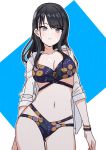  1girl ass_visible_through_thighs bikini black_hair blue_eyes blush bracelet breasts cleavage closed_mouth cowboy_shot from_below hair_down highres idolmaster idolmaster_shiny_colors jacket jewelry kazano_hiori keikesu long_hair looking_at_viewer medium_breasts mole mole_under_mouth multi-strapped_bikini navel open_clothes open_jacket ponytail see-through solo swimsuit white_jacket 