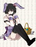  1girl animal_ears bangs basket black_bow black_eyes black_gloves black_hair black_legwear black_ribbon bow bowtie bunny_ears commentary easter_egg egg empty_eyes floral_print gloves hair_between_eyes hair_bow hand_to_own_mouth hands_together highres knees_up light_smile looking_ahead monogatari_(series) monogatari_series_puc_puc oshino_ougi pink_bow pink_ribbon purple_bow purple_ribbon purple_skirt retto ribbon sitting skirt smile solo thighhighs 