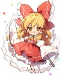  1girl :d bangs blonde_hair blush bow chibi cosplay detached_sleeves full_body gohei hair_between_eyes hair_bow hair_tubes hakurei_reimu hakurei_reimu_(cosplay) kirisame_marisa long_hair looking_at_viewer nontraditional_miko open_mouth petticoat piyokichi red_bow red_skirt ribbon ribbon-trimmed_sleeves ribbon_trim shide sidelocks simple_background sketch skirt skirt_set sleeves_past_fingers sleeves_past_wrists smile solo touhou transparent very_long_hair white_background 