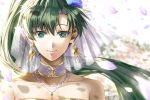  1girl asymmetrical_bangs bangs bare_shoulders bead_necklace beads blurry blurry_background breasts bridal_veil cleavage closed_mouth collarbone commentary day delsaber dress earrings eyebrows_visible_through_hair eyelashes fire_emblem fire_emblem:_the_blazing_blade fire_emblem_heroes flower green_eyes green_hair hair_between_eyes hair_flower hair_ornament jewelry lips long_hair looking_at_viewer lyn_(fire_emblem) necklace off-shoulder_dress off_shoulder parted_bangs pendant petals ponytail portrait smile solo sparkle sunlight veil 