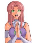  1girl :d :o breasts dc_comics eyebrows gauntlets green_eyes green_sclera hands_together happy highres long_hair medium_breasts open_mouth orange_skin rakeemgarcia red_hair sidelocks simple_background sketch smile starfire teen_titans tongue white_background 
