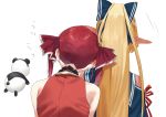  2girls back blonde_hair blue_bow blue_dress bow commentary dress from_behind hair_bow hair_ribbon highres hololive houshou_marine jacket kintsuba_(flare_channel) leaning_on_person long_hair medium_hair multiple_girls no_hat no_headwear pointy_ears ponytail red_hair red_jacket ribbon shiranui_flare shoulder_cutout simple_background sleeveless sleeveless_jacket twintails upper_body virtual_youtuber white_background yomosaka 