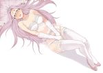  1girl blush breasts bridal_gauntlets bustier commentary covering covering_crotch facial_mark fate/stay_night fate_(series) flower forehead_mark from_above garter_belt glasses jewelry lingerie long_hair looking_at_viewer lying mo_(kireinamo) navel necklace open_mouth pearl_necklace pink_hair rider rose solo thigh_strap tiara underwear underwear_only white_flower white_legwear white_rose wide_hips 