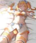  1girl bare_shoulders blush breasts cleavage_cutout commentary_request cowboy_shot crop_top double_bun elbow_gloves game_console gloves hair_between_eyes hands_up highres long_hair lying medium_breasts midriff navel neptune_(series) on_back on_bed open_mouth orange_hair orange_heart orange_panties outstretched_arm panties ray_726 sega_dreamcast shin_jigen_game_neptune_vii skindentation skirt sleeping sleeveless solo thighs twintails umio_(neptune_series) underwear upskirt white_legwear white_skirt 