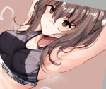  1girl alternate_breast_size arms_up bangs bra breasts brown_background brown_eyes brown_hair clothes_writing covered_nipples hair_between_eyes headband headgear kagurazaka_miyabi kantai_collection medium_breasts open_mouth short_hair_with_long_locks simple_background solo sports_bra sweat taihou_(kantai_collection) underwear upper_body 