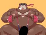  12beat13 2020 anthro belly blush bodily_fluids brown_body brown_fur censored clothing fur humanoid_hands kemono male mammal mask moobs nipples overweight overweight_male simple_background solo sweat underwear ursid 
