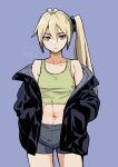  1girl akita_neru bangs bare_shoulders bike_shorts black_jacket blue_background collarbone commentary cowboy_shot crop_top dated green_shirt grey_shorts hands_in_pockets jacket long_hair looking_at_viewer maki_(nasulily) midriff navel open_clothes open_jacket orange_eyes platinum_blonde_hair shirt shorts side_ponytail signature solo standing vocaloid 