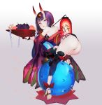  1girl ankle_ribbon ass bangs bare_shoulders barefoot_sandals blush bob_cut breasts eyeliner fate/grand_order fate_(series) feet food fruit fruit_bowl gourd gradient gradient_background grapes grey_background headpiece horns japanese_clothes kimono lantern legs long_sleeves looking_at_viewer looking_back makeup obi off_shoulder oni oni_horns paper_lantern parted_lips peach purple_eyes purple_hair purple_kimono red_ribbon revealing_clothes ribbon sash short_eyebrows short_hair short_kimono shuten_douji_(fate/grand_order) skin-covered_horns small_breasts smile soles wide_sleeves yaku_(ziroken) 