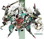  1girl :d absurdres arknights bare_shoulders breasts character_name chinese_commentary commentary_request extra_arms fangs green_hair green_theme highres holding holding_mask holding_sword holding_weapon horns hoshiguma_(arknights) jewelry large_breasts long_hair looking_at_viewer mask oni_horn open_mouth ring rope shinnasuka025 single_horn skin-covered_horns smile smoke sword weapon white_background yellow_eyes 