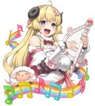  1girl :d ahoge animal_ears blonde_hair blue_eyes bow bowtie breasts brooch commentary cowboy_shot detached_sleeves dress eyelashes fur-trimmed_dress fur-trimmed_sleeves fur_trim hair_ornament hairclip harp holding holding_instrument hololive horns instrument jewelry long_hair looking_at_viewer medium_breasts musical_note open_mouth rainbow_order red_neckwear sheep sheep_ears sheep_horns simple_background six_suke smile solo staff_(music) transparent_background tsunomaki_watame virtual_youtuber white_dress wool 