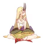  1girl bare_shoulders barefoot blonde_hair breasts cleavage closed_mouth earrings facial_mark fate/grand_order fate_(series) frown full_body hit-kun ibaraki_douji_(fate/grand_order) japanese_clothes jewelry kimono long_hair pointy_ears simple_background sitting small_breasts solo tattoo very_long_hair white_background yellow_eyes yellow_kimono 