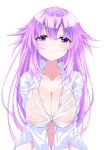  1girl adult_neptune blush bottomless breasts cleavage commentary_request groin hair_between_eyes hands_together highres large_breasts long_hair looking_at_viewer midriff naked_shirt navel neptune_(series) nijihasisiduki no_bra no_hairclip no_panties partially_unbuttoned purple_eyes purple_hair see-through shirt simple_background smile solo very_long_hair wet wet_clothes wet_shirt white_background white_shirt 