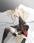 arknights bed_sheet black_gloves black_legwear black_skirt blonde_hair bow breasts covering_face feet gloves green_panties hair_bow hair_ribbon highres holding_another&#039;s_foot indoors long_sleeves lying medium_breasts on_back open_mouth panties pantyhose pillow red_bow red_gloves red_ribbon ribbon saliva shinnasuka025 skirt sora_(arknights) sweat tail texas_(arknights) torn_clothes torn_legwear twintails underwear vibrator vibrator_under_clothes vibrator_under_panties wolf_tail yuri 