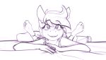 2020 5_toes ambiguous_gender anthro darkhazard equid equine eyebrows feet friendship_is_magic humanoid_feet looking_at_viewer lying mammal monochrome my_little_pony on_front pillow purple_and_white scootaloo_(mlp) smile soles solo toes 
