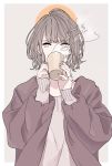  1girl brown_hair brown_jacket cup drinking grey_background grey_sweater hands_up highres holding holding_cup jacket jewelry kko_(um7mr) long_sleeves looking_at_viewer original ring short_hair silver_eyes simple_background solo steam sweater 