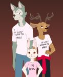  2020 anthro antlers beastars bodily_fluids bottomwear brown_background brown_body brown_eyes brown_fur canid canine canis cervid clothed clothing english_text female fully_clothed fur gradient_background grey_body grey_fur group hands_on_hips haru_(beastars) hi_res horn lagomorph legoshi_(beastars) leporid lightpudding looking_at_another looking_at_viewer louis_(beastars) male mammal pants rabbit scar shirt simple_background smile sweat sweatdrop t-shirt text topwear white_body white_fur wolf 